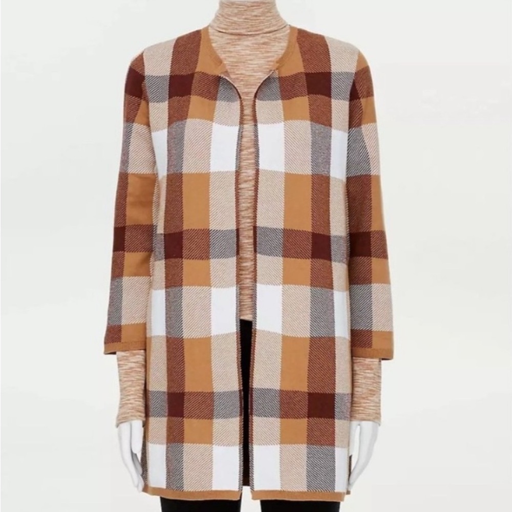 LOFT Plaid Open-Front Cardigan in Brown, Tan, White, Gray - M